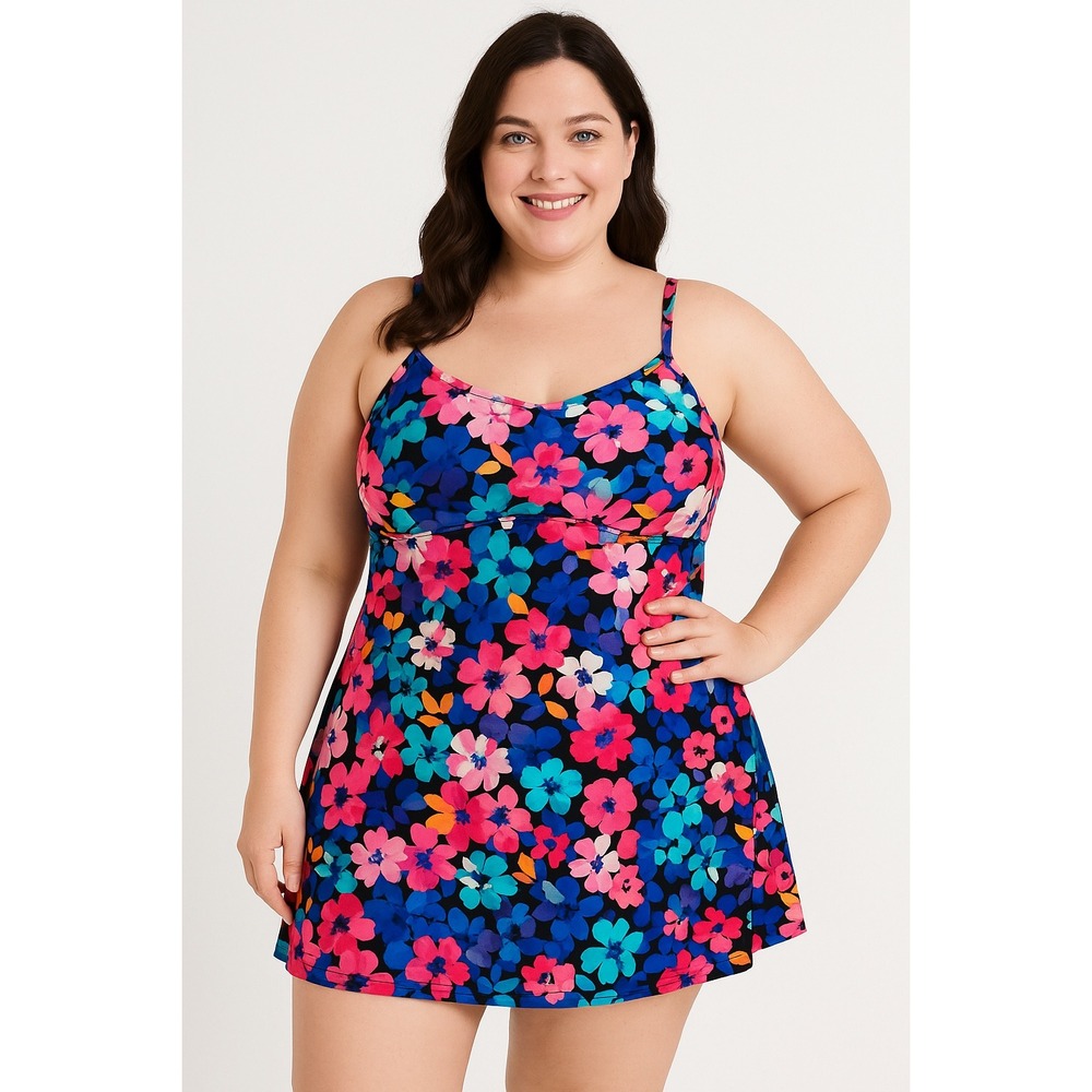 Alisha Levine Floral Swimdress Plus Size 24W‎ Swimsuit One Piece Black Multi